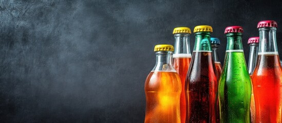 Colorful Soda Bottles on Dark Background, Refreshing Carbonated Drinks