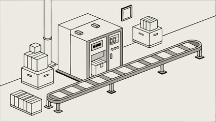 Isometric View of Industrial Conveyor Belt and Packaging System