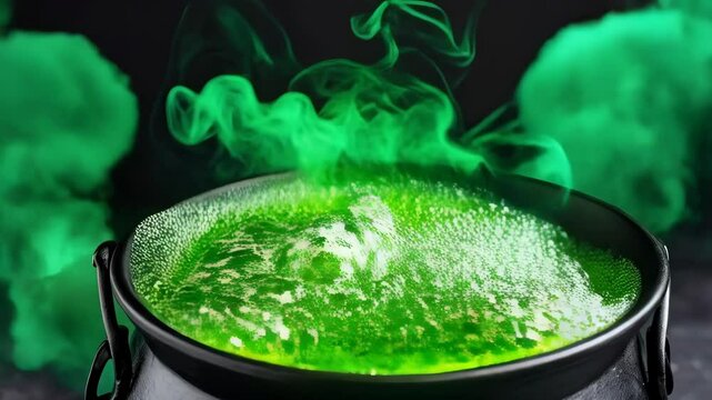 Bubbling green potion simmers in a black cast iron cauldron, creating wisps of verdant smoke on a dark textured surface