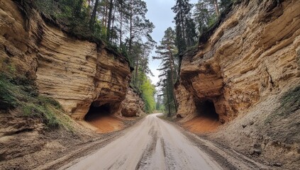 Scenic sandstone cliffs and dirt road in Latvia, surrounded by trees, creating a picturesque natural landscape in Baltic country