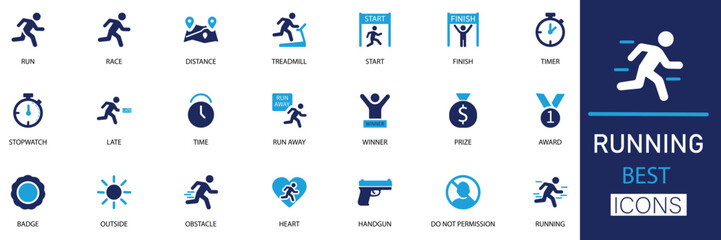 Running solid Icon set. Features icons of M Run, Sport, Exercise, Fitness, Race, Training, Race, Time, Health, and Speed. Perfect for Web and Apps.