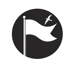Minimalist white flag icon with bird in flight on circular black background