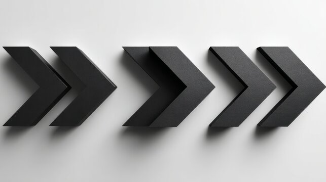 Abstract black directional symbols with sharp shadows on white, geometric precision in modern design
