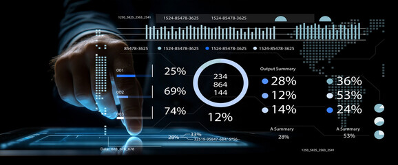 Futuristic Analytics Display with Touchscreen Interface Showing Data Metrics and Progress Indicators in a Dark Environment