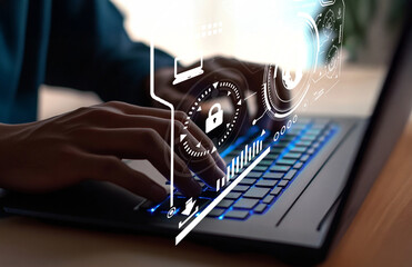 Hands Typing on Laptop with Digital Interface Overlay Featuring Lock Icons, Data Graphics, and Futuristic Design Elements for Technology and Security Themes