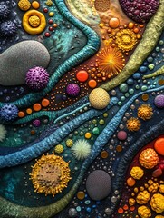 Obraz premium Abstract colorful textured artwork. Vibrant spheres and organic forms create a cosmic landscape.