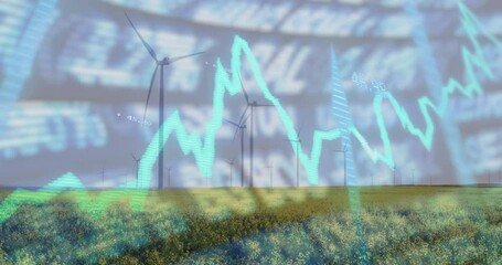Scrolling finance text appearing over wind turbines chart rising and falling showing market trend - Powered by Adobe