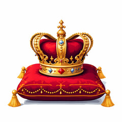 A regal red velvet cushion supports a golden crown adorned with jewels