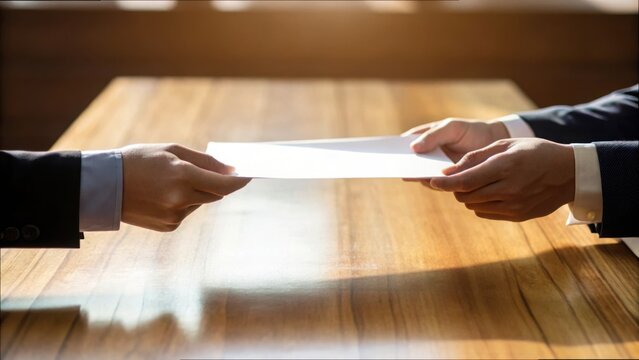 Two Hands Exchanging Document Over Wooden Table in Soft Lighting
