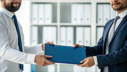 Two Professionals Passing a Contract in a Modern Office Setting