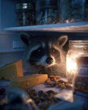Naklejki Curious raccoon peeking into open refrigerator at night