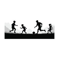 Silhouette illustration of children playing soccer on a grassy field with clouds