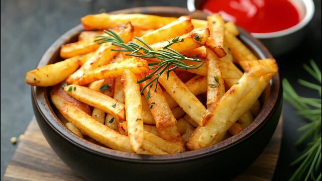 Crispy golden fries garnished with herbs served in a bowl as a delicious snack or side dish