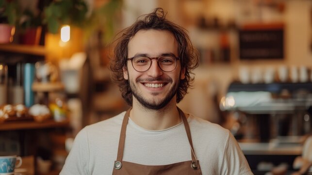 A relaxed European man stands in a cozy coffee shop, smiling warmly while wearing an apron and glasses. His cheerful presence adds charm to the inviting cafe atmosphere.