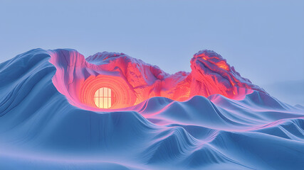 Surreal Mountain Cave with Glowing Entrance A Conceptual 3D Render