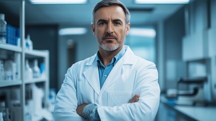 Obraz premium This image features a serious middle-aged European man in a lab coat, set in a laboratory environment. Ideal for science and healthcare themes.