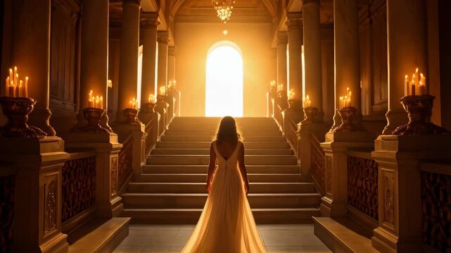 Woman ascends staircase in opulent hall with columns and candles, bathed in glowing light from arched entrance.