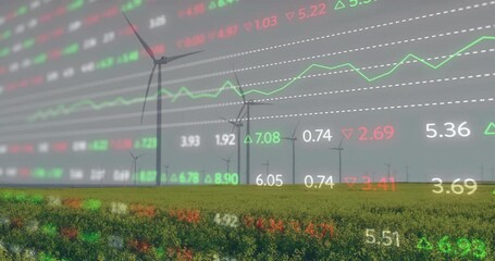 After meadow and turbines appear, data overlay streaming tickers and graph showing market trends - Powered by Adobe