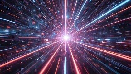 Futuristic hyperspace warp speed with light streaks and digital data