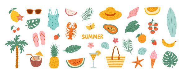 Hand-drawn set of summer beach tropical elements. Sea, vacation, fruits, tropical leaves.
