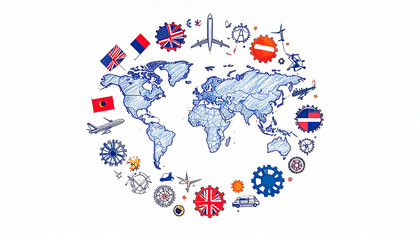 Obraz premium Global Connections A World Map Surrounded by Travel Icons and Flags Illustrating International Trade and Travel