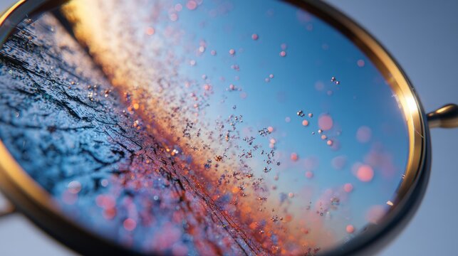 A fractured mirror reflects varying daylight, with quantum particles in the background, visualizing the fluidity of time and space.
