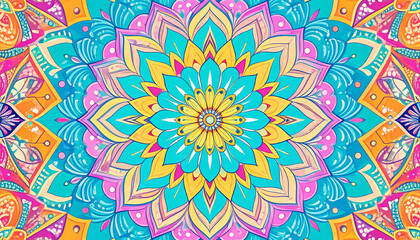Fototapeta premium Vibrant Mandala Design Colorful Floral Pattern Artistic Illustration Teal Yellow Pink Mandala Art