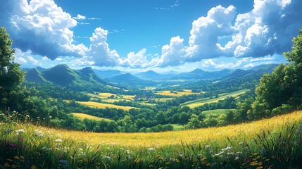 Fototapeta premium Valley landscape under sunny sky