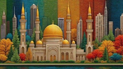Obraz premium Autumnal Cityscape with Golden Domed Mosque and Vibrant Pixel Art Style