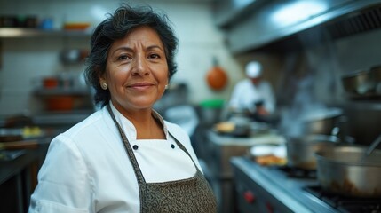 A warm portrait of a middle-aged Hispanic woman in a professional kitchen, showcasing her dedication and passion for the culinary arts amidst a bustling environment.
