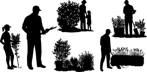 Set of black silhouettes of gardeners working in garden.
