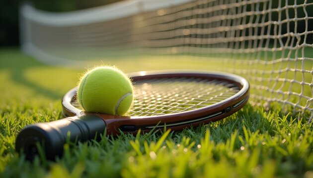 A tennis racket and a tennis ball on a grassy field with a net in the background