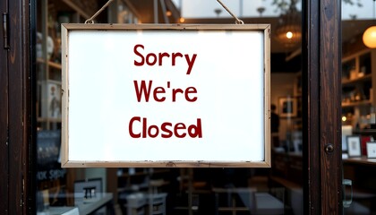Signboard at the shop door SORRY, WE'RE CLOSED - concept of going out of business - permanently closed - or shop or place inform customers it is closing time