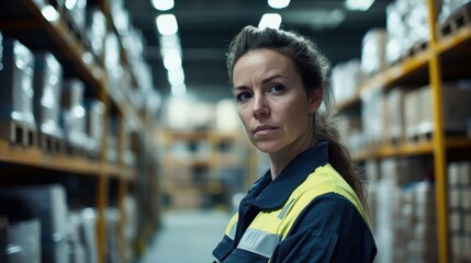 A focused European woman in a warehouse setting, showcasing determination and professionalism. She embodies the spirit of hard work and safety in industry.