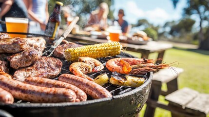 Close Up of Barbecue Grill with Sausages Shrimp Steak and Corn with Blurred Figures at Picnic Table Under Bright