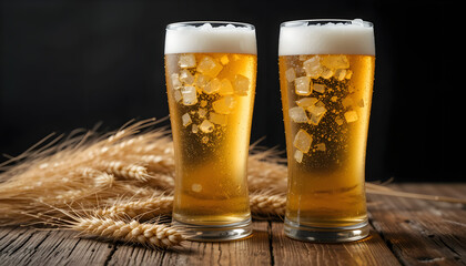 Cold beer with wheat on wooden table. Glasses of light beer on the isolate black background with copy space