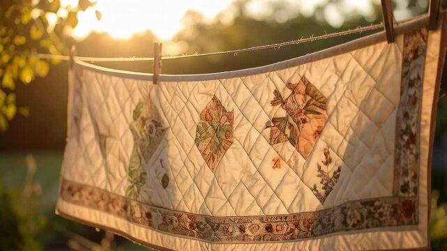 Handmade patchwork quilt hanging on a clothesline with wooden clothespins bathed in warm golden sunlight, a nostalgic rustic scene, countryside aesthetic.