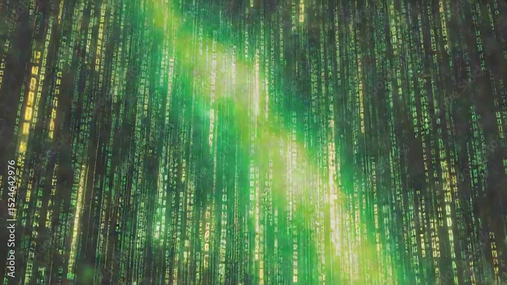 Poster abstract background of green binary code falling, digital data stream concept