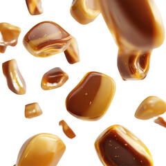 Obraz premium Elegant Caramel Candy Falling from the Sky with a Rich Glossy Texture on Transparent Background