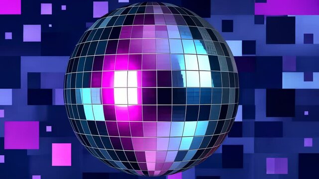 Shimmering disco ball amidst colorful squares on a dark blue background
