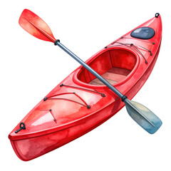 Watercolor style red kayak and paddle isolated on transparent background, summer activity, adventure, recreation.