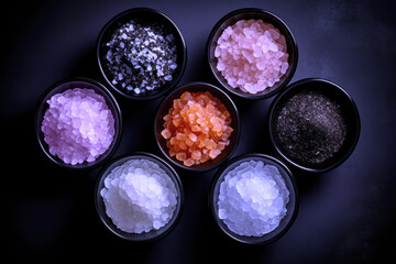Assorted gourmet salts in bowls including Hawaiian lava Indus Fleur de sel rock and sea salt seen from above