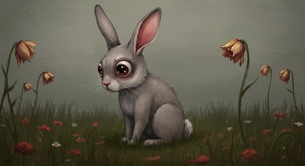 Sad Bunny Rabbit in Flower Field