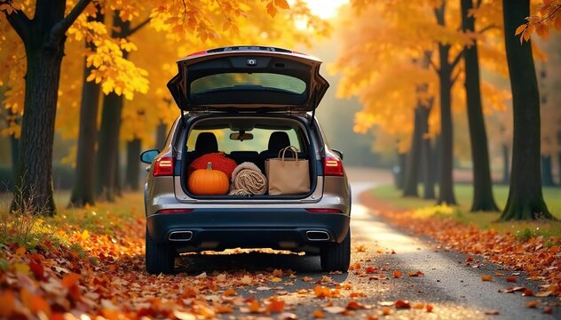 A family's car packed for a Thanksgiving road trip, autumn leaves scattered on the ground beside it Ready for adventure and family time this holiday season , travel, journey, pumpkin