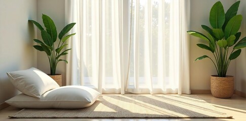 Serene minimalist bedroom, sunlight streaming through sheer curtains onto a meditation cushion and peaceful plants Perfect for relaxation, mindfulness, and inner peace , bedroom, comfort, sunlight