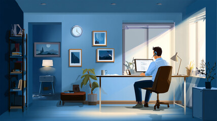 Focused Remote Worker with Headset at Night Workstation