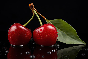 Cherry with leaf full of juice