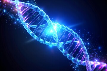 Blue and purple glowing DNA helix with vibrant lights symbolizing complex genetic code