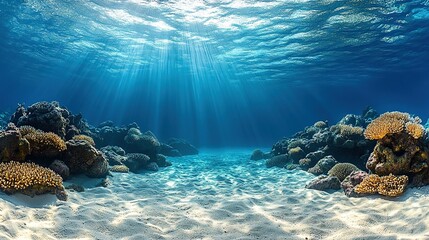 Fototapeta premium Underwater coral reef, sun rays, ocean floor, tropical scene, marine life background