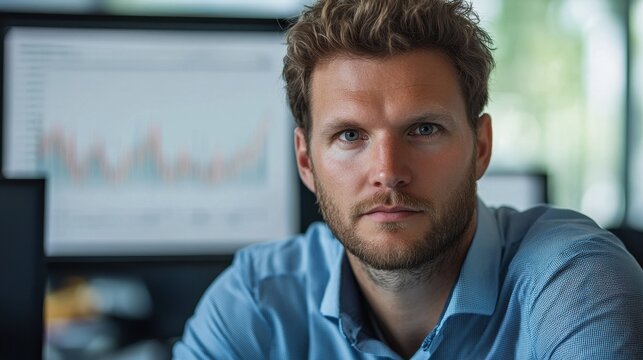 A young European male financial analyst poses confidently in an office environment. He embodies professionalism, focusing on financial strategies and market analysis.